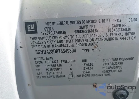 2007 Chevrolet Hhr Lt z USA, uszkodzony, nr VIN 3GNDA23D87S549304